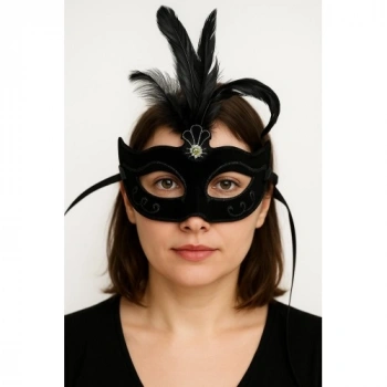 VipMarketim Siyah Renk Tüylü Siyah Süet Kaplama Parti Balo Maskesi 20X16 cm