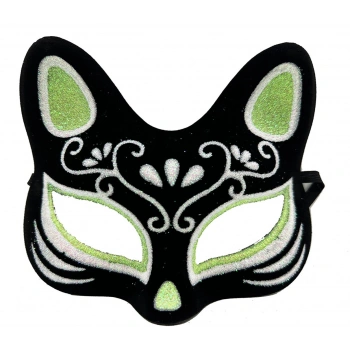 VipMarketim Siyah Süet Kaplama Gümüş Yeşil Simli Kedi Maskesi