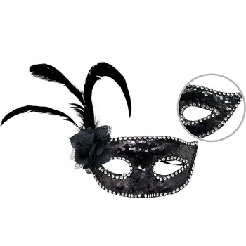 VipMarketim Siyah Yandan Tüylü Güllü Taşlı Pullu Maske