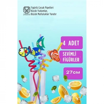 VipMarketim Spiralli Figürlü Lüks Çocuk Pipet Seti - 27cm Eğlenceli Karakterli 4lü Özel Seri
