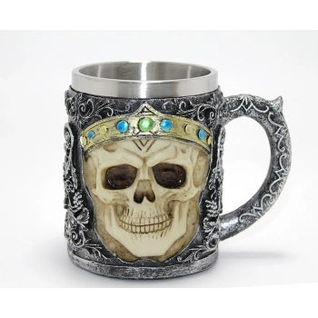 VipMarketim Taçlı Kurukafa Kralı 3D Kabartmalı Çelik Kupa Bardak