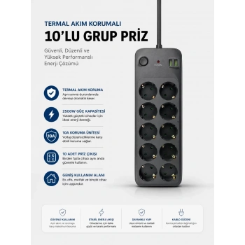 VipMarketim Termal Akım Korumalı USB Type-C Girişli 10lu Grup Priz 2500W Güç Kapasitesi (Kopya)