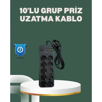 VipMarketim Termal Koruma Sistemli USB Type-C 10’lu Grup Priz 2m 2500W Güç Kapasiteli