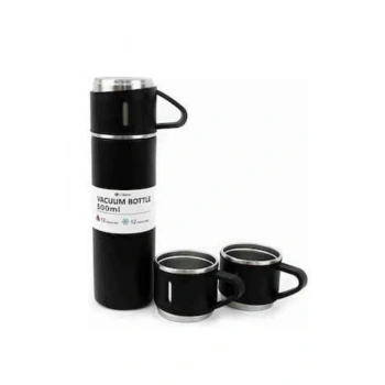 VipMarketim Termos Paslanmaz Çelik Termos Siyah Renk 3 Bardaklı Termos Seti