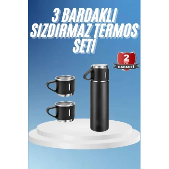 VipMarketim Termos Paslanmaz Çelik Termos Siyah Renk 3 Bardaklı Termos Seti