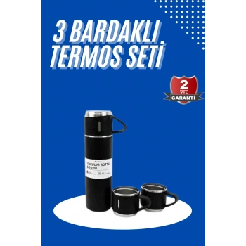 VipMarketim Termos Seti 3lü Bardak Seti Isı Dayanıklı Siyah Paslanmaz Çelik Vakumlu