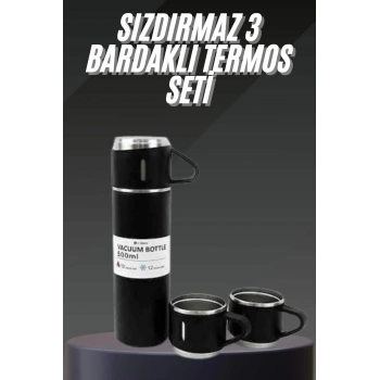 VipMarketim Termos Seti Paslanmaz Çelik 3 Bardaklı Vakumlu Termos Set 500 Ml 12 Saate Kadar Isı Koruma