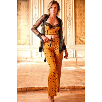 VipMarketim Tül Dantelli Sabahlık Balenli Destekli Dolgulu Puantiyeli Büstiyer Sütyen Ve Pantolon Pijama 3lü Takım