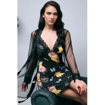 VipMarketim  Tül Sabahlık Ve Viskon Çiçek Baskılı Dantelli Kısa Gecelik Takım