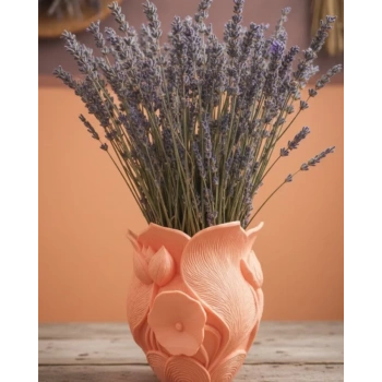 VipMarketim Turuncu Çiçek Desenli 3D Dekoratif Vazo Modern Masaüstü Aksesuar