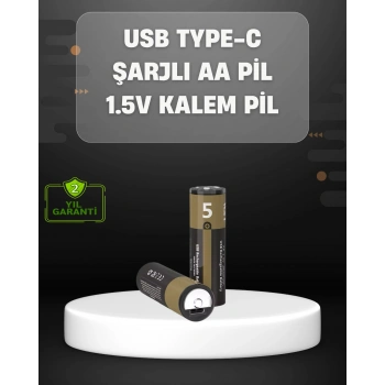 VipMarketim USB Type-C Girişli Şarjlı AA Lityum Pil | 1.5V Sabit Çıkış | 3200mWh (2li Paket)