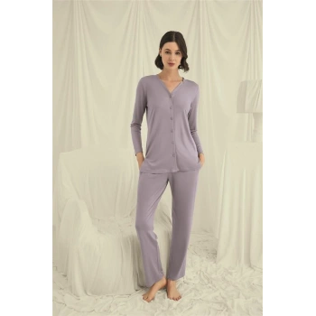 VipMarketim Uzun Kollu Boydan Düğmeli V Yaka Pijama Takımı