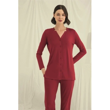 VipMarketim Uzun Kollu Boydan Düğmeli V Yaka Pijama Takımı