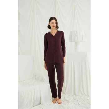 VipMarketim Uzun Kollu Boydan Düğmeli V Yaka Pijama Takımı