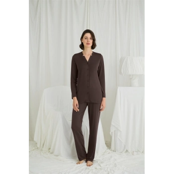 Vipmarketim Uzun Kollu Boydan Düğmeli V Yaka Pijama Takımı