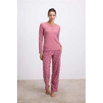 VipMarketim Uzun Kollu T-Shirt Ve Desenli Pantolon Pijama Takımı