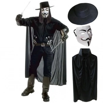 VipMarketim V For Vendetta Maskesi Şapka Pelerin Seti