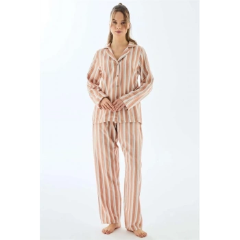 VipMarketim Viscose Çizgili Gömlek Pantolon Pijama Takımı