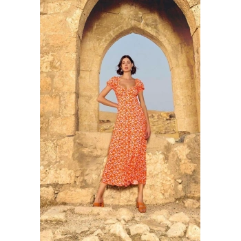 Vipmarketim Viskon Çiçek Desenli Kısa Kollu Elbise