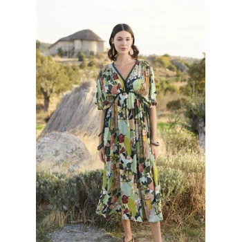 VipMarketim % Viskon Çiçek Ve Yaprak Desenli Kısa Kollu Elbise (Kod:100)