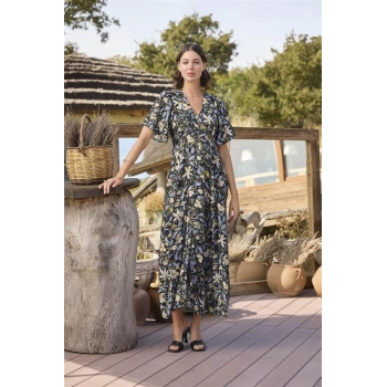 Vipmarketim % Viskon Çiçek Ve Yaprak Desenli Önü Düğmeli Elbise (kod:100)