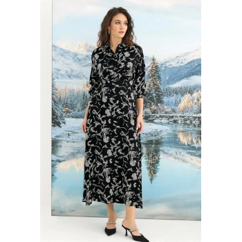 Vipmarketim % Viskon Desenli Truvakar Kollu Saten Elbise (kod:100)