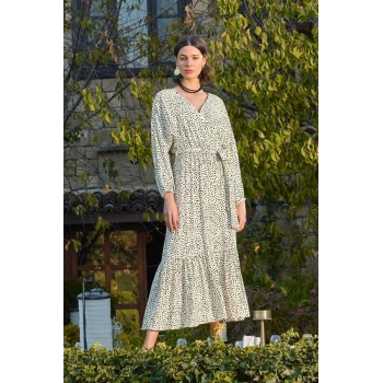 VipMarketim % Viskon Puantiye Desenli Kuşaklı Elbise (Kod:100)