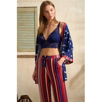 VipMarketim Viskon Puantiyeli Sabahlık Balensiz Desteksiz Dolgusuz Dantelli Bralet Sütyen Ve Çizgili Pantolon Pijama 3Lü Takım