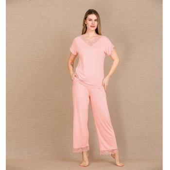 VipMarketim Viskon Şık Tasarım Dantel İşlemeli Açık Pembe Kısa Kol Pijama Takımı