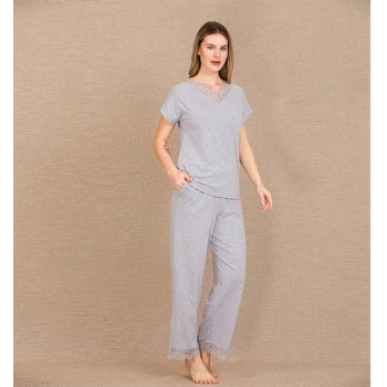 Vipmarketim Viskon Şık Tasarım Dantel İşlemeli Gri Kısa Kol Pijama Takımı