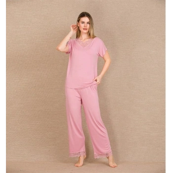 Vipmarketim Viskon Şık Tasarım Dantel İşlemeli Pembe Kısa Kol Pijama Takımı