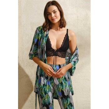 VipMarketim Viskon Yaprak Baskılı Sabahlık Balensiz Desteksiz Dolgusuz Dantelli Bralet Sütyen Ve Pantolon Pijama 3Lü Takım