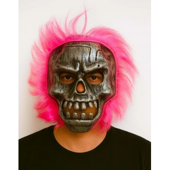 VipMarketim Wild Skull - Gümüş Kafatası Pembe Saçlı İskelet Maske
