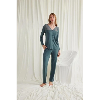 VipMarketim Yakası Omzu Ve Paçası Dantelli Boydan Düğmeli Pijama Takımı