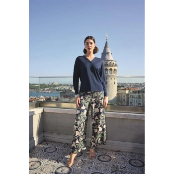 Vipmarketim Yaprak Desenli Uzun Kollu V Yaka Pijama Takımı