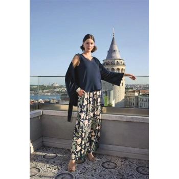 Vipmarketim Yaprak Desenli Ve Dantelli 3lü Pijama Takımı