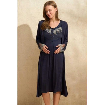 Vipmarketim Yarım Kol Bisiklet Yaka Kadın Düz Yazlık Transparan Tül Detaylı Hamile Gecelik Sabahlık Anıl (kod:5777)