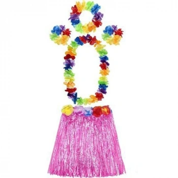 VipMarketim Yetişkin ve Çocuk Uyumlu Luau Aloha Hawaii Pembe Etek ve Renkli Kolye Taç 2 Adet Bileklik Seti