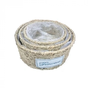 VipMarketim Yuvarlak Doğal Hasır Saksı Seti - 3lü