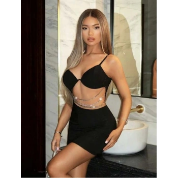 VipMarketim Zincir Detaylı Göğüs Dekolteli Siyah Mini Club Elbisesi