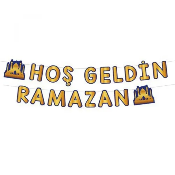 !TOPTAN! Hoş Geldin Ramazan Yazısı Gold Mavi 250 cm