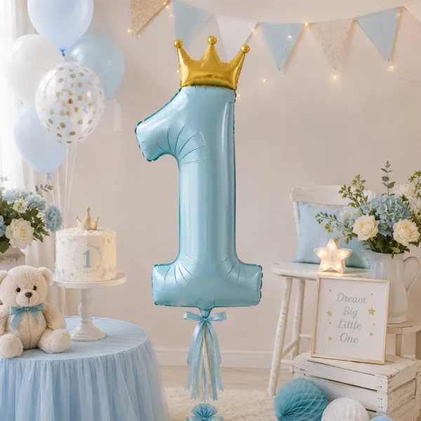 1 Rakam Taçlı Folyo Balon - Mavi - 100 cm (40 inch)