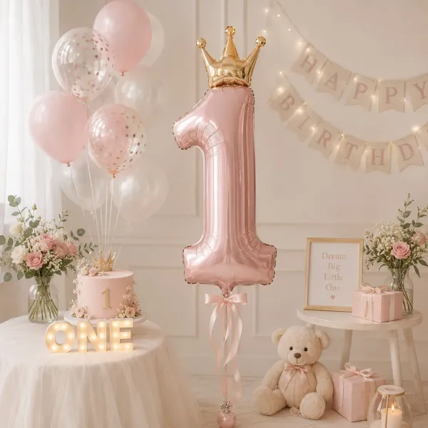 1 Rakam Taçlı Folyo Balon - Pembe - 100 cm (40 inch)