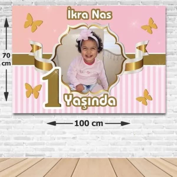 1 Yaş Gold Kelebekli Kişiye Özel Parti Afişi 70*100 cm
