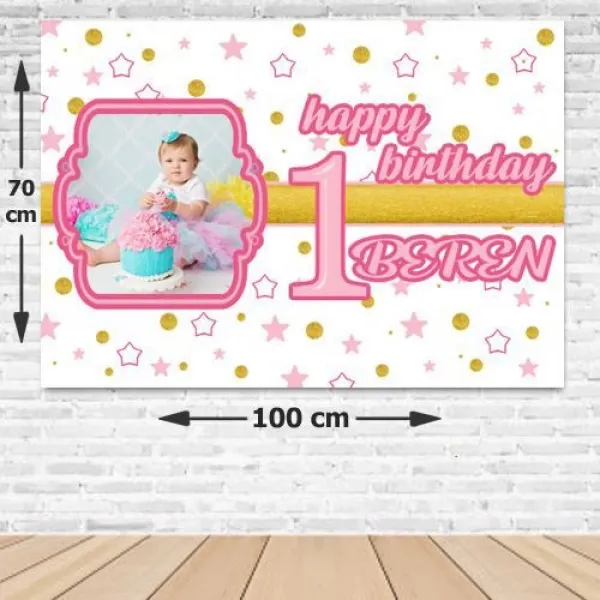 1 Yaş Pembe Yıldızlar Doğum Günü Parti Afişi 70*100 cm