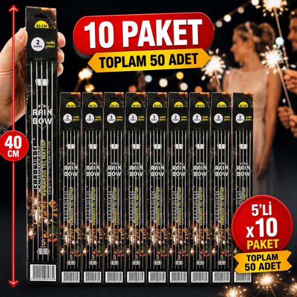 10 Paket x 5li Dumansız Uzun Tel Maytap 40 cm (50 Adet)