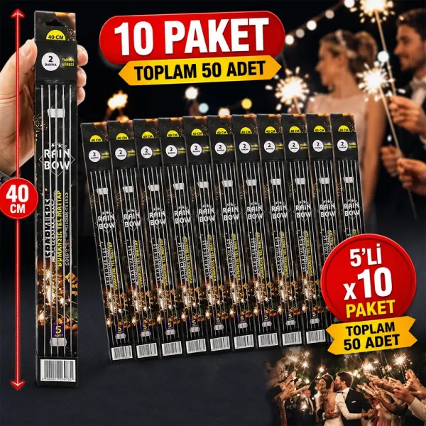 10 Paket x 5li Dumansız Uzun Tel Maytap 40 cm (50 Adet)