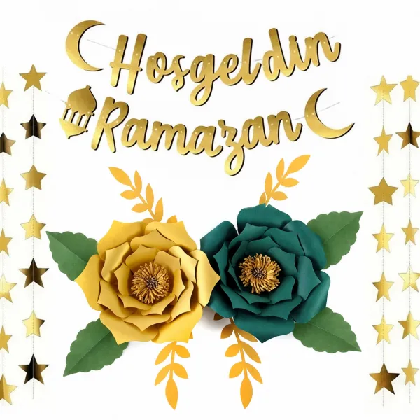 2li (Yeşil - Gold) Ramazan Kağıt Çiçek Seti