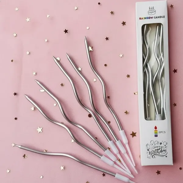Metalik Kıvrımlı Spiral Gümüş Mum (6 Adet)