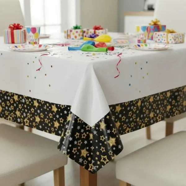 Siyah Üzeri Gold Gümüş Yıldızlar Masa Örtüsü (120x180 cm)